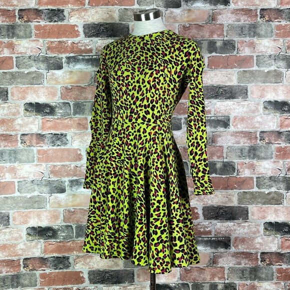 Jawbreaker 80s Punk Disco Cut Out Neon Leopard Green Skater Dress Costume - Picture 4 of 8